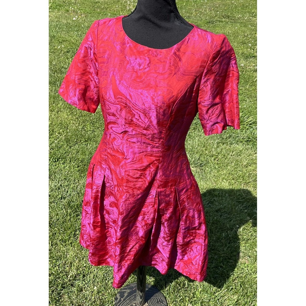 Bigio Collection Dress Womens 4 Red Fuchsia Metallic Jacquard Fit & Flare Short - Picture 8 of 16